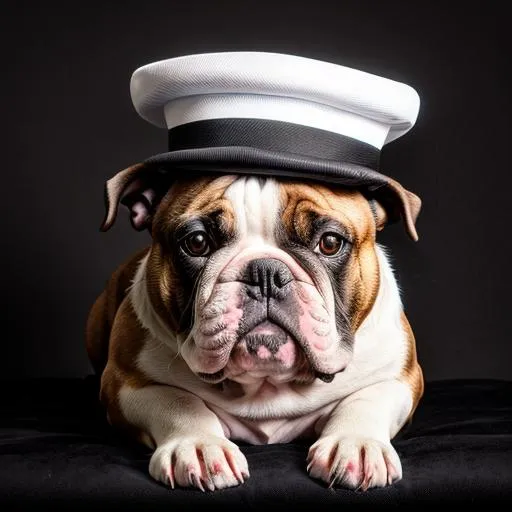 Prompt: hyper realistic bulldog in tuxedo  bowl hat on head. portrait black and white monochrome