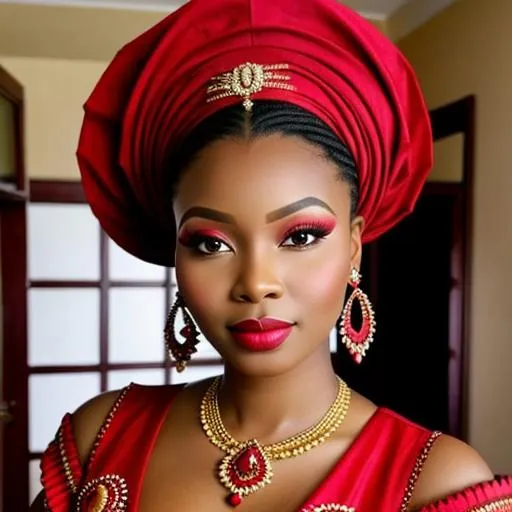 Prompt: Ruby lady-extremely beaitiful African lady all in red, pretty makeup, elegant, nice clothes, facial closeup