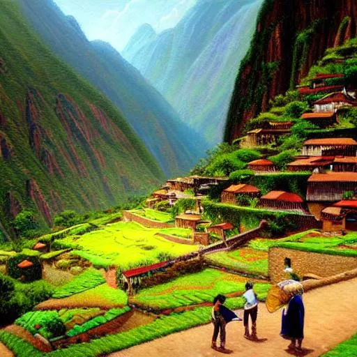 Prompt: a beautiful painting, an Incan Village, sustainable town with trees and vegetation, Inca Architecture, art by christophe vacher