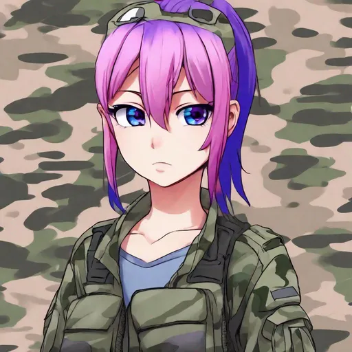 Prompt: anime style, girl, cute, skinny, small, pink and purple hair, blue eyes, cgi, pony tail, define nose, Military clothing, camo serious expression, office backgroung, HDR 