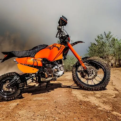 Prompt: A off-road motorcycle in shades of orange and black, with wide tires and high suspension. The bike is in full action, jumping on an improvised ramp on a dirt track, with a cloud of dust rising behind it."