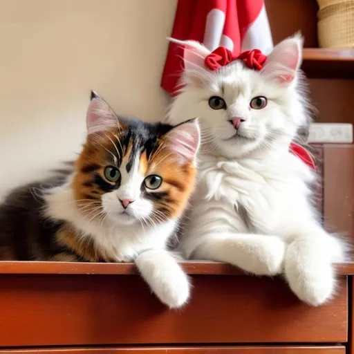 Prompt: A small, fluffy, calico cat sitting down on a dresser while wearing a red and white bandana