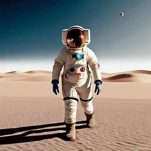 Prompt: astronaut walking in a desert,  sand dunes, crashed spaceship, void in the sky, broken space suite