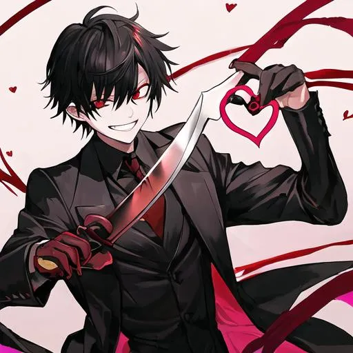 Prompt: Damien (male, short black hair, red eyes) grinning seductively, holding a knife, hearts around him
