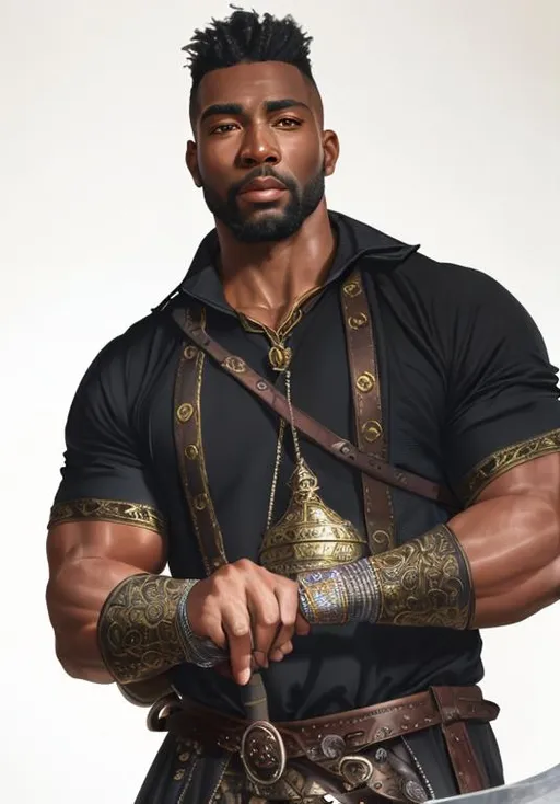 Prompt: UHD, 8k, high quality, ultra quality, cinematic lighting, special effects, hyper realism, hyper realistic, Very detailed, high detailed face, high detailed eyes, medieval, fantasy, oil painting, man, black skin, strong man, fitness, georgeus, warrior, armor, holding a axe