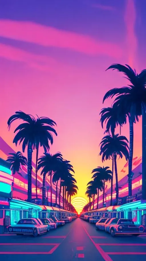Prompt: vaporwave city, neon lighting, beautiful sunset, palm trees, Retro, large sun