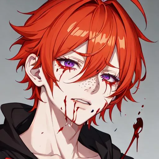 Prompt: Erikku male adult (short ginger hair, freckles, right eye blue left eye purple)  UHD, 8K, insane detail anime style, covered in blood, psychotic, covering his face with his hands, face covered in blood and cuts, blood highly detailed, crying out in pain, winking