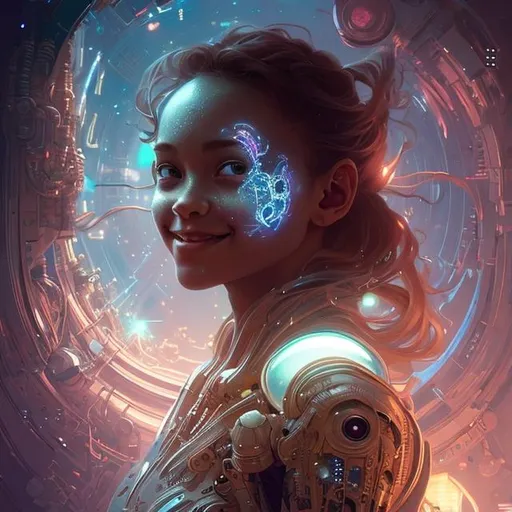 Prompt: girl in space smiling, sci-fi, glowing lights!! intricate, elegant, highly detailed, digital painting, artstation, concept art, smooth, sharp focus, illustration, art by artgerm and greg rutkowski and alphonse mucha

