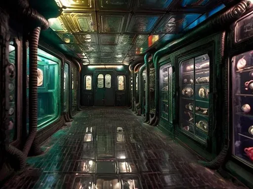 Prompt: Dark shopfront,store on the submarine with many doors,