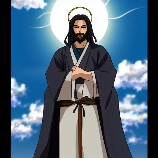 Prompt: Anime Samurai Jesus Christ as depicted in the book of  revaltion coming out of heaven gathering his chosen to ride against the enemy Satan 