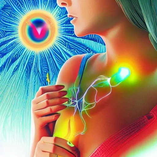 Prompt: A  scared woman has heart attack and grips her heart in. Her chest as it glows. Illustrated with colored pencil 