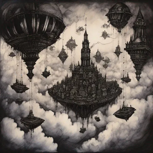 Prompt: "A floating Gotham City high above the ground floating in a mass of clouds, a large pendulum swinging underneath pen and ink, detailed, dark colors, realism, fantasy, polished"