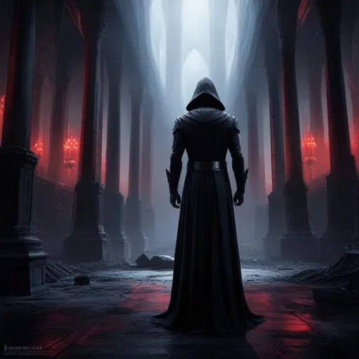 Prompt: A haunting scene of sith temple, portrait of Sith Lord in a sith outfit (glowing eyes:1. 2), Staggering through a dark, abandoned temple, (shadows:1. 1) lurking in corners, Tattered remains of dead robes, anxious atmosphere, 8k, Gruesome details, unsettling, cinematic, mysterious, captivating, anxious, post a war, 8k, concept art, trending on artstation