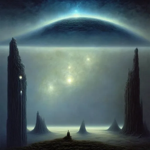 Prompt: Beyond the Night Sky by Zdzisław Beksiński Digital Illustration Concept Art 