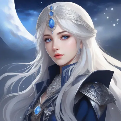 Prompt: Masterpiece, best quality, follows prompt exactly. Anime artstyle. Portrait of a young human woman with long white hair, soothing dark blue eyes, moon theme, silver and dark blue hunter's outfit, neutral expression on face, silver circlet donned with a single light blue crystal