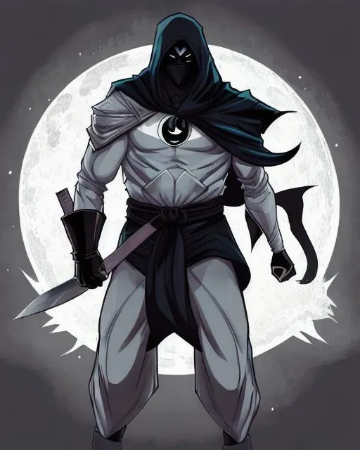 Prompt: Create an illustration that combines the character of Moon Knight with elements of ninja stealth and combat. The character should be shown dressed in a ninja-style suit, with the iconic Moon Knight crescent symbol emblazoned on the chest. The character can be shown in a dynamic pose, perhaps leaping or dodging an attack, with ninja weapons such as throwing stars or a katana in hand. Consider using a color palette that blends the dark tones of ninja attire with the bright white of the moon to create a moody and atmospheric scene. The goal is to merge the two themes seamlessly and create a unique, dynamic depiction of Moon Knight as a ninja warrior.