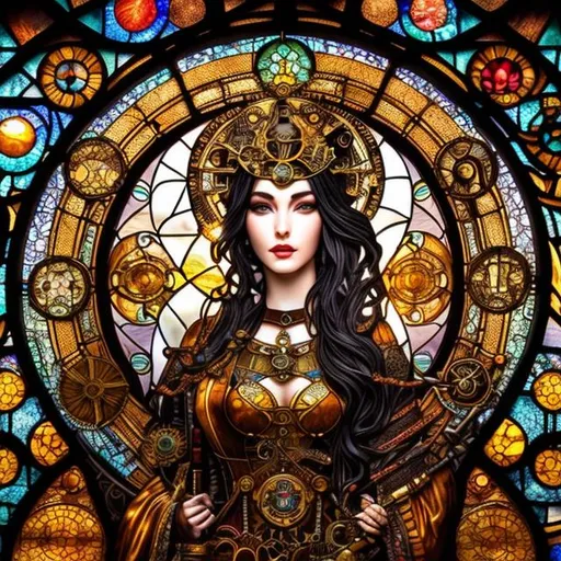 Prompt: stained glass art of steampunk goddess, mosaic-stained glass art, stained-glass illustration, close up, portrait, concept art, (best quality, masterpiece, ultra-detailed, centered, extremely fine and aesthetically beautiful, super fine illustration), centered, epic composition, epic proportions