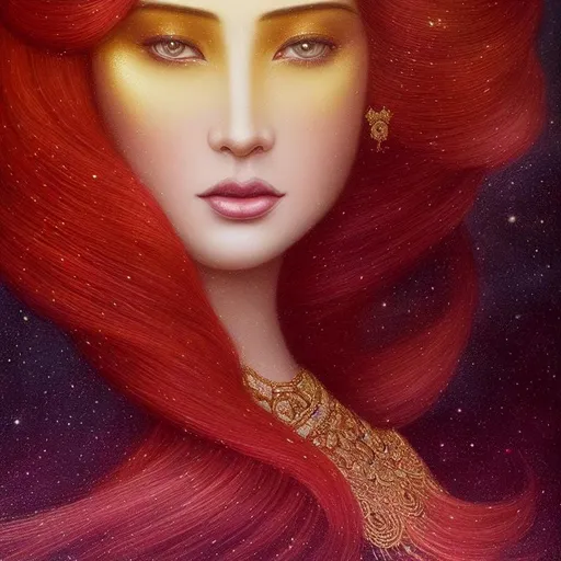 Prompt: a close up portrait of An intergalactic beautiful empress, beautiful symmetrical face, silky gradient red hair hair, golden eyes, wearing a exquisite sculptural gown with delicate intricate details, shimmer, glow. Art by  tom bagshaw, Victo Ngai, Sherry Akrami,  Anna Dittman, Lucie Bilodeau, Laura Diehl, Paul Delaroche, highly detailed, sharp focus, ethereal, fantastic view, dreamy, Epic, celestial, sparkling, glossy, light emitting,  inner light.