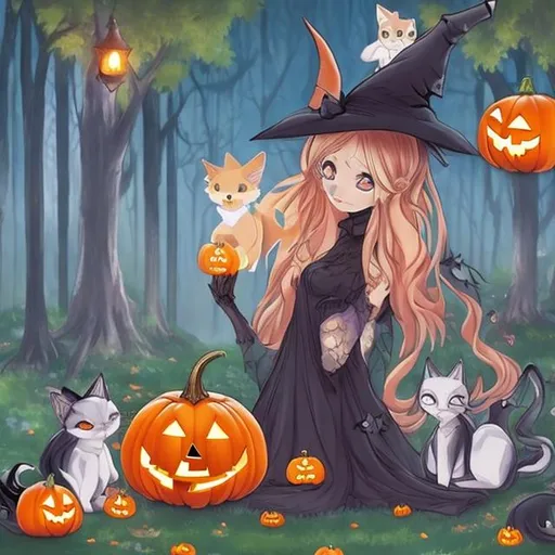 Prompt: Draw an anime Halloween pumpkin in a beautiful fairytale forest surrounded by tricolour cats and black cats and an anime witch