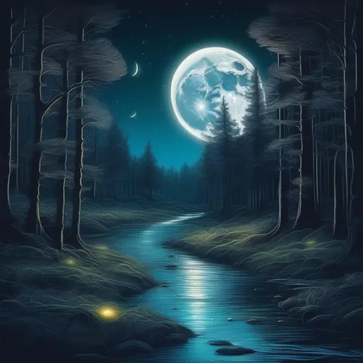 Prompt: The moon shines brightly, scattering cold light throughout the forest. The stream burbles as it flows endlessly toward the horizon, masterpiece, best quality, in neo art style