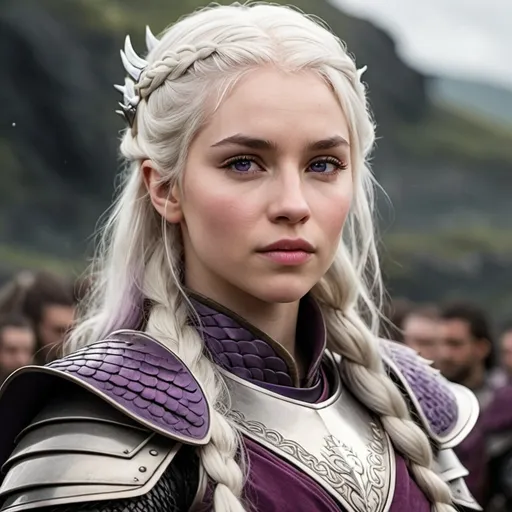 Prompt: hyper-realistic. Targaryen, Pale skin. white hair, purple eyes. warrior. Princess. Hooked nose. Braided hair, bangs. Wearing dragon armor. Fierce