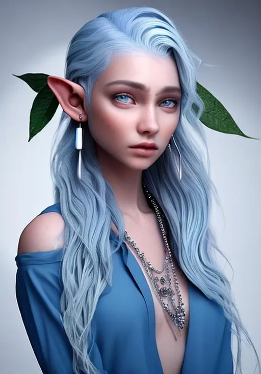 Prompt: elf, silver hair, blue silvery skin, beautiful with piercings, photo realistic
