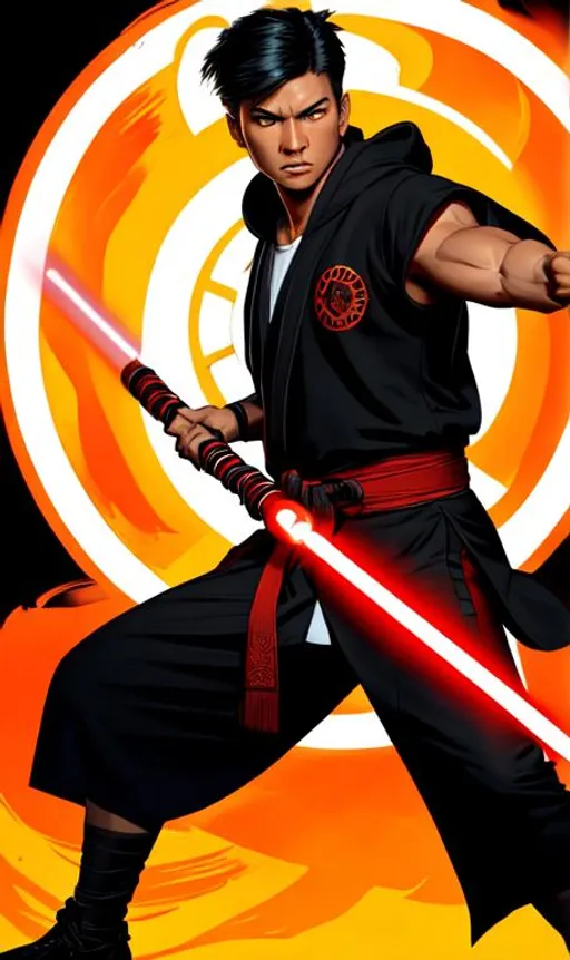 Prompt: UHD, digital art style, comic art style, zoomed out full body view, male sharp jawline, curled lips, fierce eyes, indonesian arnis jedi master, hoodie escrima dual-wielding lightsabers, by greg rutkowski and alphonse mucha, sharp focus, Photorealistic, sharp focus, highres, noir stylings