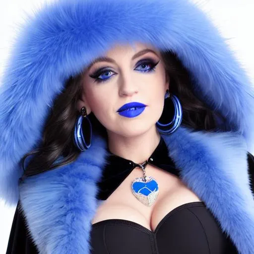 Prompt: Kellyanne Conway, soldier, blue lipstick, snowy beach, blue heart necklaces, Thick blue fur coat, Black Cape, pleasant face, blue eyes, Black-purple eyeshadow, long ice earrings. Cold color scheme, ultradetailed, 8k resolution, perfect, smooth, high quality, shiny. 