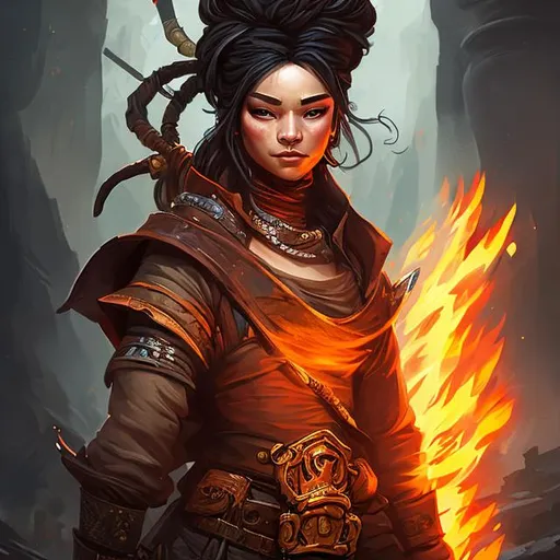Prompt: fantasy art portrait of a female bandit with fire genie heritage.

