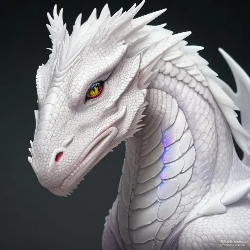 Prompt: Albino dragon with iridescent black markings and a cute face, perfect composition, hyperrealistic, super detailed, 8k, high quality, trending art, trending on artstation, sharp focus, studio photo, intricate details, highly detailed, illustration, watercolor