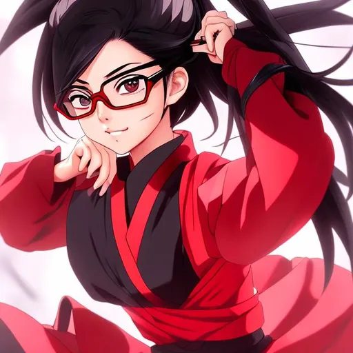 Prompt: sarada uchiha, uchiha, ninja, anime, red glasses, red kimono, good proportions, pretty, red eyes, sharingan, sarada uchiha, masashi kishimoto style