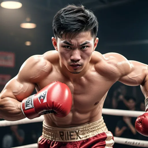 Prompt: high resolution, 4k, detailed, high quality, professional, wide view.
Sweaty muscle boxing guy. Big boxing gloves and boxing trunks. Asian young faces. Hook punches.