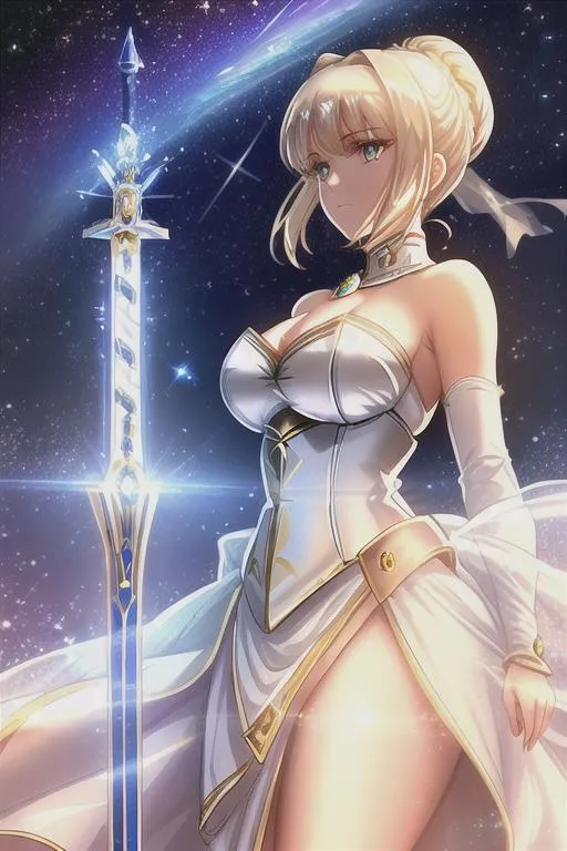 Prompt: Saber in her divine form wearing futuristic intricate outfit decorated with jewels and diamonds and gemstones, adorned with gold and silver, illuminated by starlight, carrying futuristic sword Excalibur, protecting Earth and Moon, a planet in the background, beautiful detailed bright eyes glowing with infinite energy, beautiful shining hair, confident expression, she is standing with a determined air, her gaze unwavering, amazing art, absolutely astonishing, razor-sharp focus, cosmic, mesmerizing, (masterpiece), volumetric lighting, light beams, vivid colors, UHD, 16k, HDR, ((((best quality)))), ((((extreme details))))