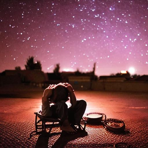 A boy is crying and sitting on chair in roof dark night