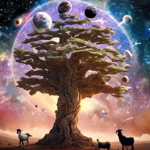 Prompt: Space tree with goats in it