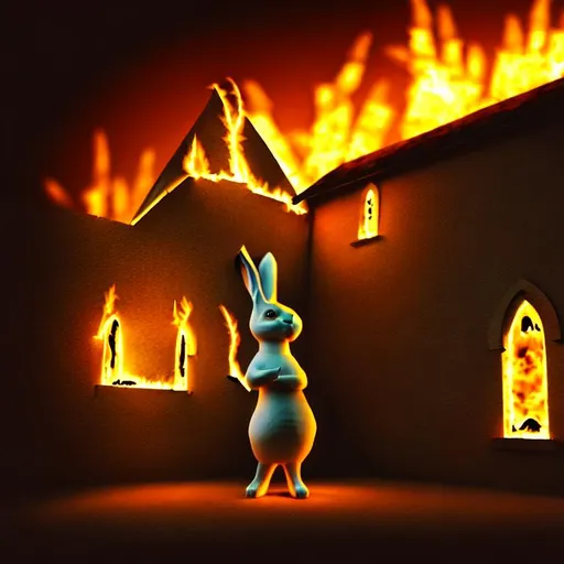Prompt: long shot,  rabbit setting church on fire, cute, dark lighting, mysterious body of water, 3d render, highly detailed