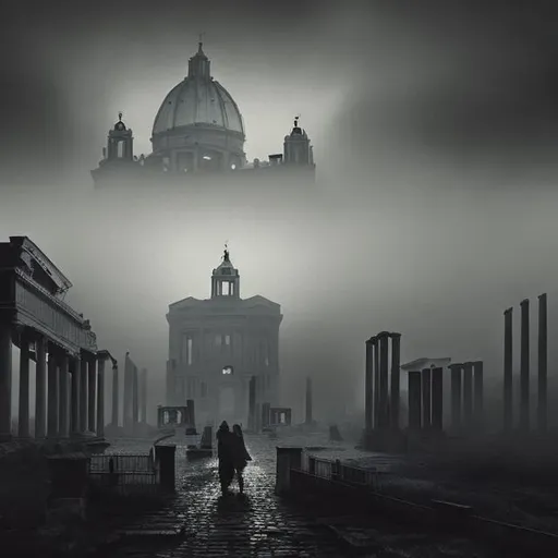 Prompt: it's Rome but in a Lovecraft story. Seen by the sky.
Black Myst envelope the city and the light project the shadow of undefinied creatures on the fog.
Evil is in town.
Look like a Lee Bermejo style