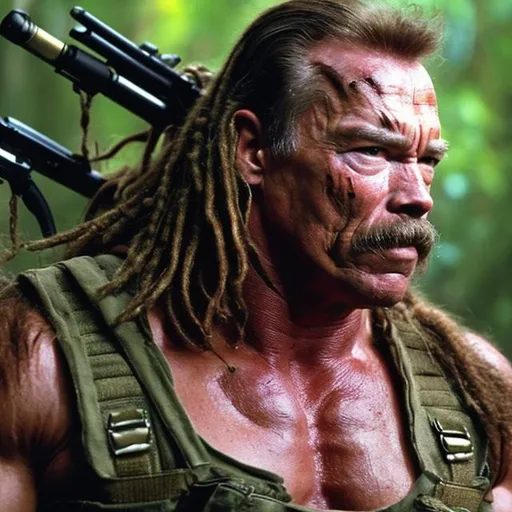 Prompt: Dutch from the movie Predator played by Arnold Schwarzenegger with a thick mustache.