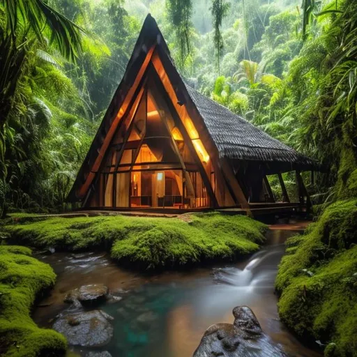 Prompt: A wooden triangular house in the middle of the rain forest and small stream flowing.