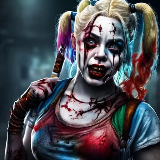 Prompt: beautiful full body image of a zombie Harley Quinn hyper realistic extremely detailed dark cinematic photorealistic 