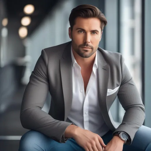 Prompt: An attractive 35 year old man brown hair, elegant, large eyes, modern, stylish makeup, full body view, white tshirt with a jacket and blue jeans, (erotic), thinking deep, office background