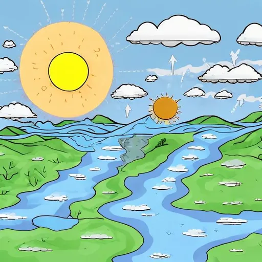 Prompt: Prompt: "Create an image depicting the water cycle, including evaporation, condensation, and precipitation."
In this prompt, we're looking for a comprehensive visual representation of the water cycle, one of the fundamental concepts in earth science. The generated image should illustrate the entire process, starting with the sun's heat causing water to evaporate from bodies of water, rising into the atmosphere, condensing into clouds, and eventually leading to precipitation in the form of rain, snow, or other forms. The image should be clear and educational, making it suitable for classroom presentations or learning materials. The goal is to help students grasp the concept of the water cycle and its various stages visually.