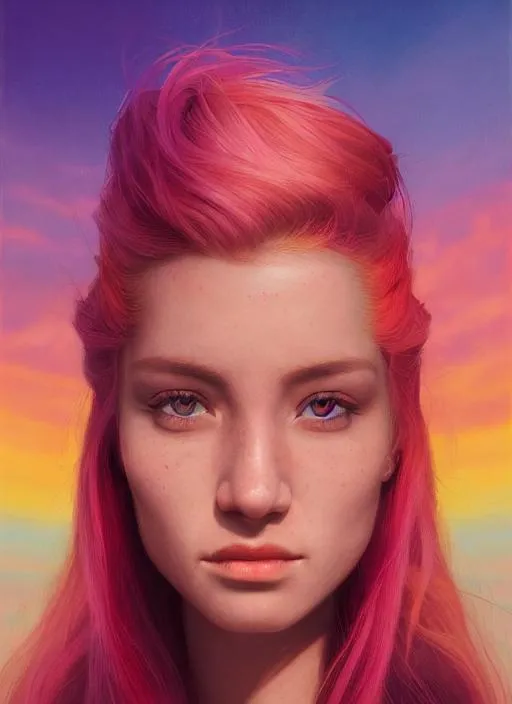 Prompt: Portrait of {woman} with {sunset} hair and with cute face, {in front of a rainbow background}, perfect composition, hyperrealistic, super detailed, 8k, high quality, trending art, trending on artstation, sharp focus, studio photo, intricate details, highly detailed, by greg rutkowski