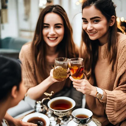 Prompt: Two people drink tea and celebrate friendship