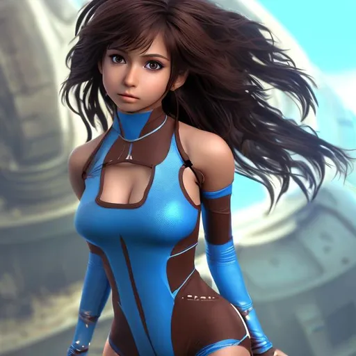 Prompt: 4k high resolution cgi anime sci-fi style, full body picture, petite indian female, 25 years old, thick body with small chest, brown hair, tight fitting blue body suit