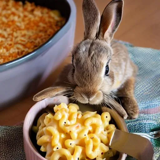 Prompt: Bunny eating macaroni and cheese