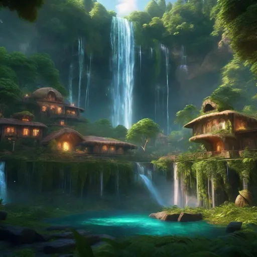 Prompt: Envision a civilization near a glowing waterfall in a lush forest. Fantasy, another dimension. Hyperrealistic, UHD, HD, 8K, houses