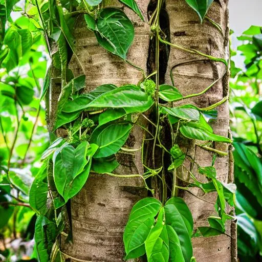 Prompt: photography of tall mature kratom tree plant , maeng da, with beautiful intricate moon flower vines growing up the trunk, dlsr, hd, 32k, 25mm lens, studio quality, natural lighting.