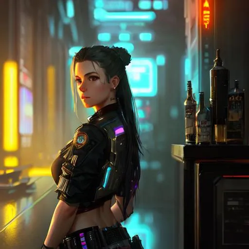 Prompt: Professional painting of a young female cyberpunk barmaid, by Jeremy Mann, Rutkowski, and other Artstation illustrators, intricate details, face, headshot, illustration, UHD, 4K, sci-fi, Looking at Camera, HD, 8K, Portrait, western, tavern