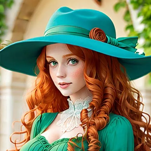 Prompt: Woman with  long, very curly ginger hair, green eyes, wearing sky blue, fancy hat

